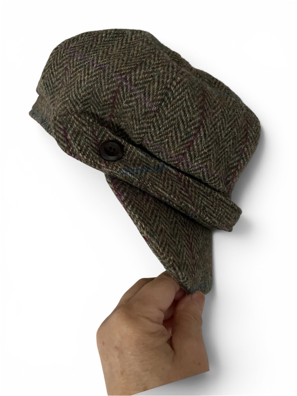 Harris Tweed SzM Wool Herringbone Tweed Button Cap - Olive Green Base Color